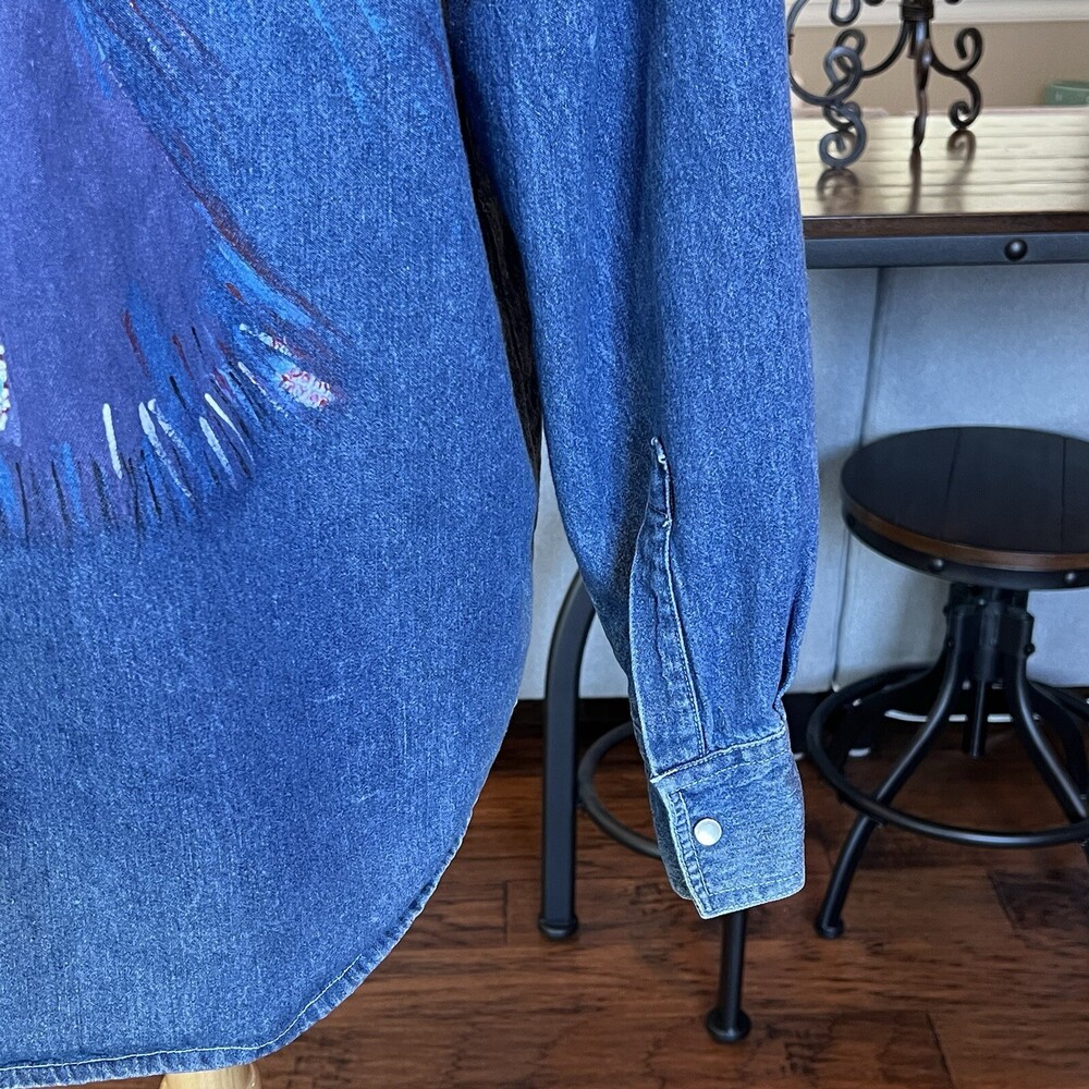 VTG Sunbelt Denim Pearl Snap Western Shirt M Hand Painted Roadrunner Shacket - Picture 8 of 16